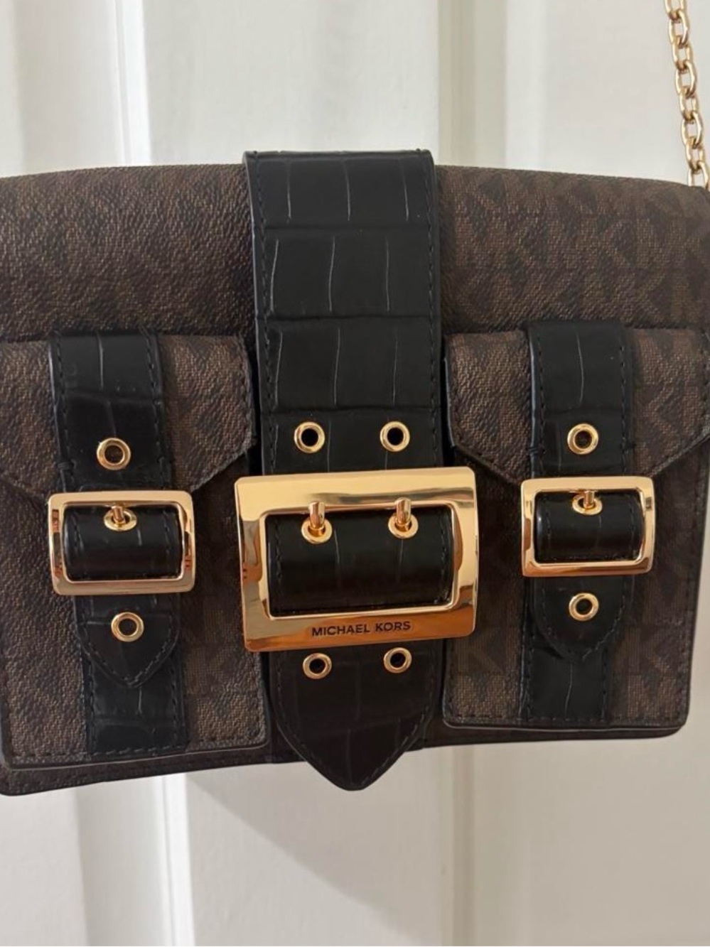 Michael Kors Brown & Black Logo Crossbody with Gold Buckle Detail